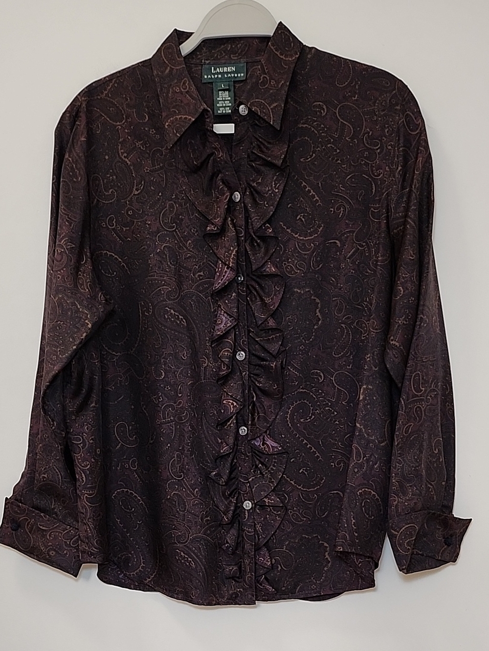Ralph Lauren Women's 100 % Silk formal blouse paisley print  ruffle front Size L - Picture 3 of 16